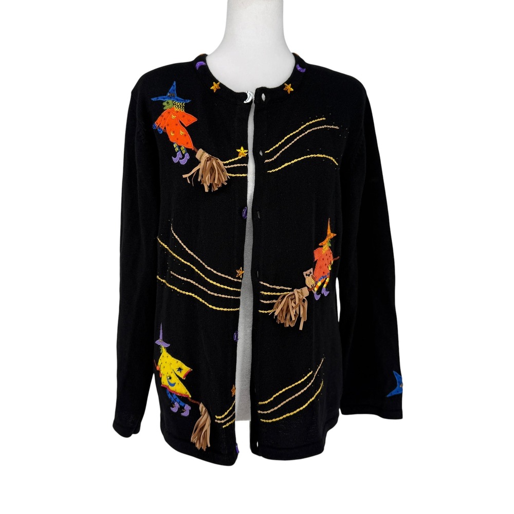 Bobbie Bell Halloween Witch Embroidery Ramie Cotton Cardigan Women M Black